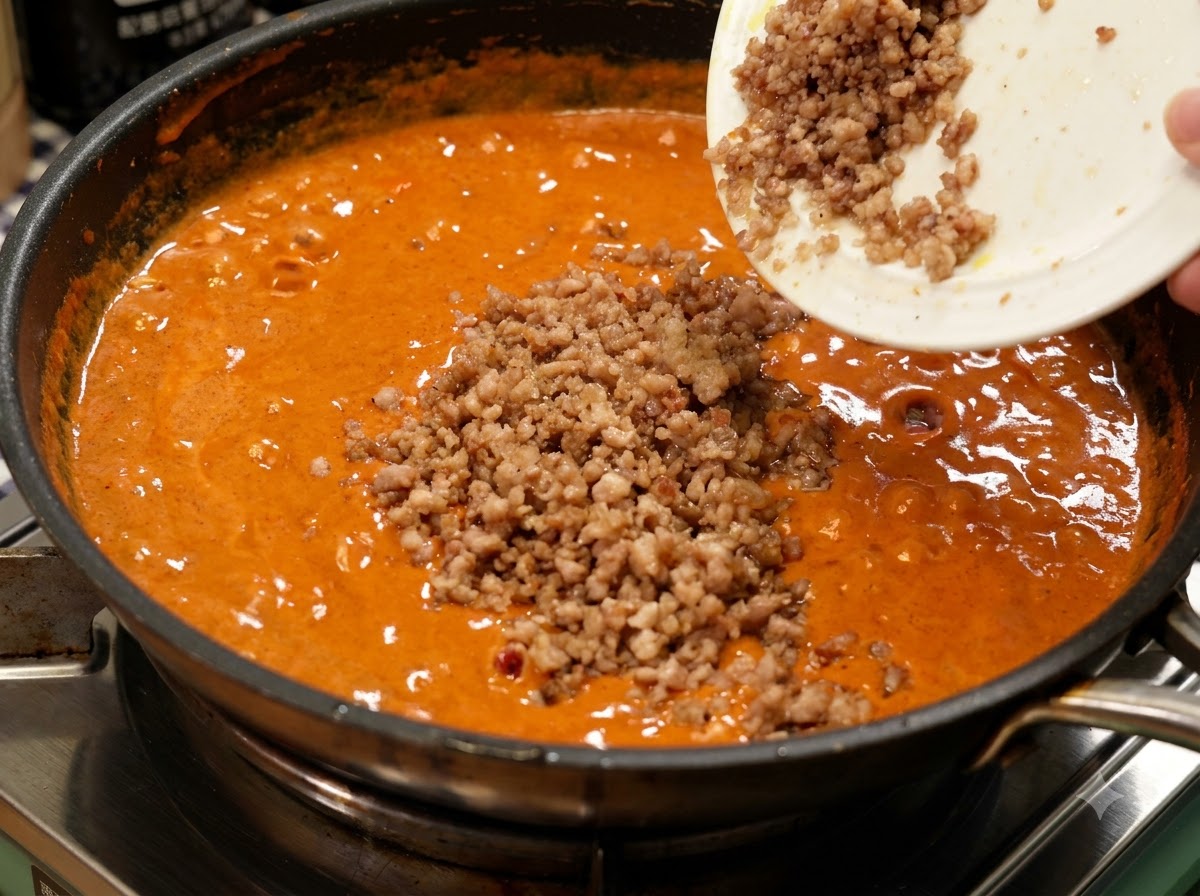 白いお皿から、オレンジ色の濃厚なカレーソースの入ったフライパンに調理済みの豚ひき肉を入れている様子。
