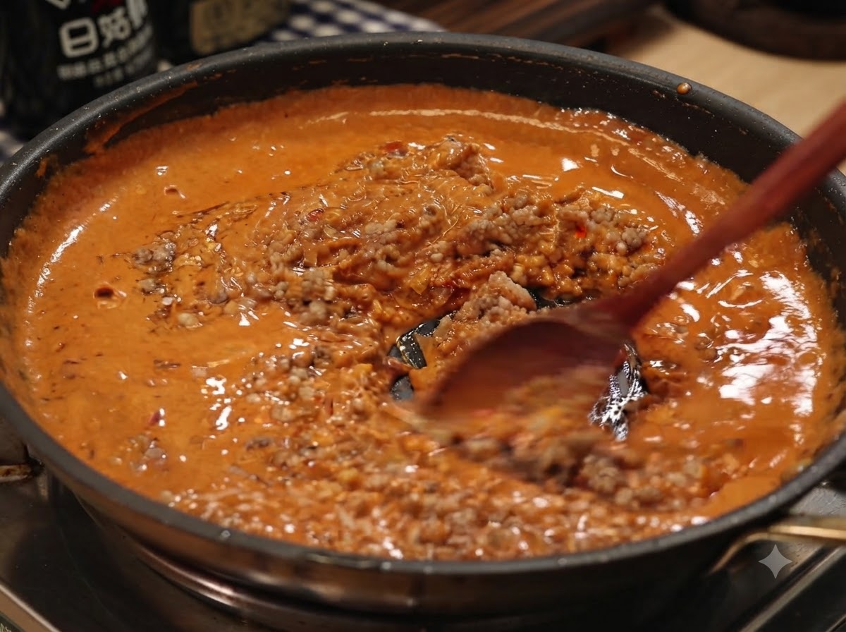 フライパンの中で、木べらがオレンジ色の濃厚なカレーソースと豚ひき肉を混ぜ合わせている様子。