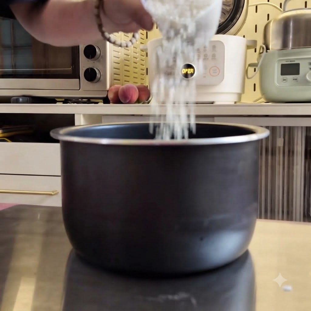 洗ったお米を炊飯器の内釜に入れている様子