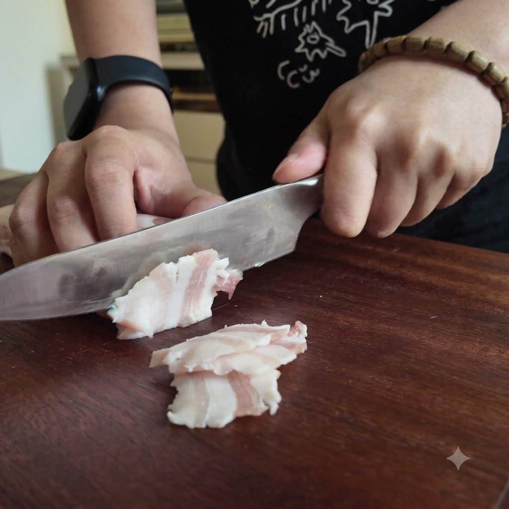 木のカッティングボードの上で豚バラ肉を包丁で切っている様子