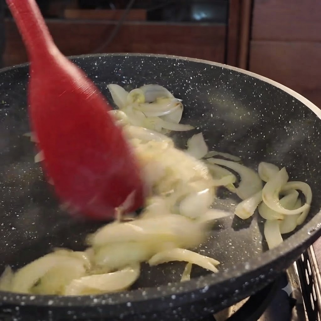 フライパンの中で炒めた玉ねぎと生の豚バラ肉を混ぜ合わせている様子
