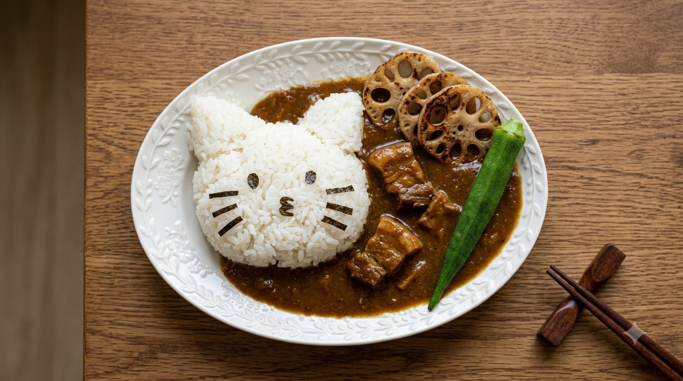 猫型ご飯が可愛い！豚バラ肉の濃厚カレーライス
