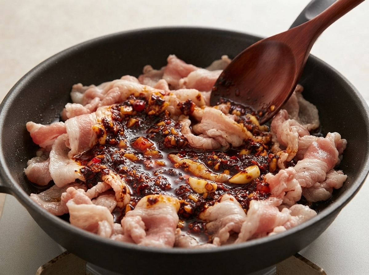 少し焼き色のついた豚バラ肉に、とろみのある濃い赤色のコチュジャンダレをかけている黒いフライパン。