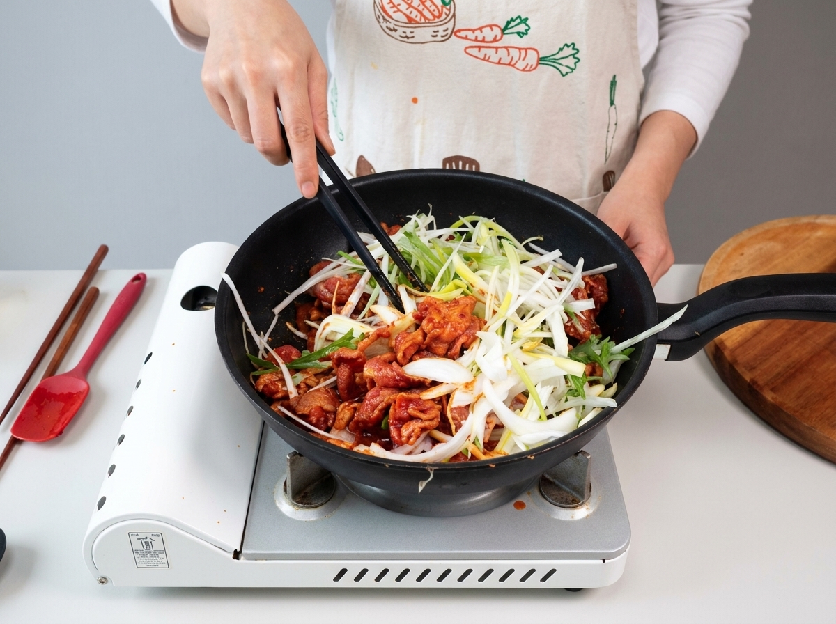 すべての材料を一緒に炒め、菜箸を使って赤いタレを絡めている様子。