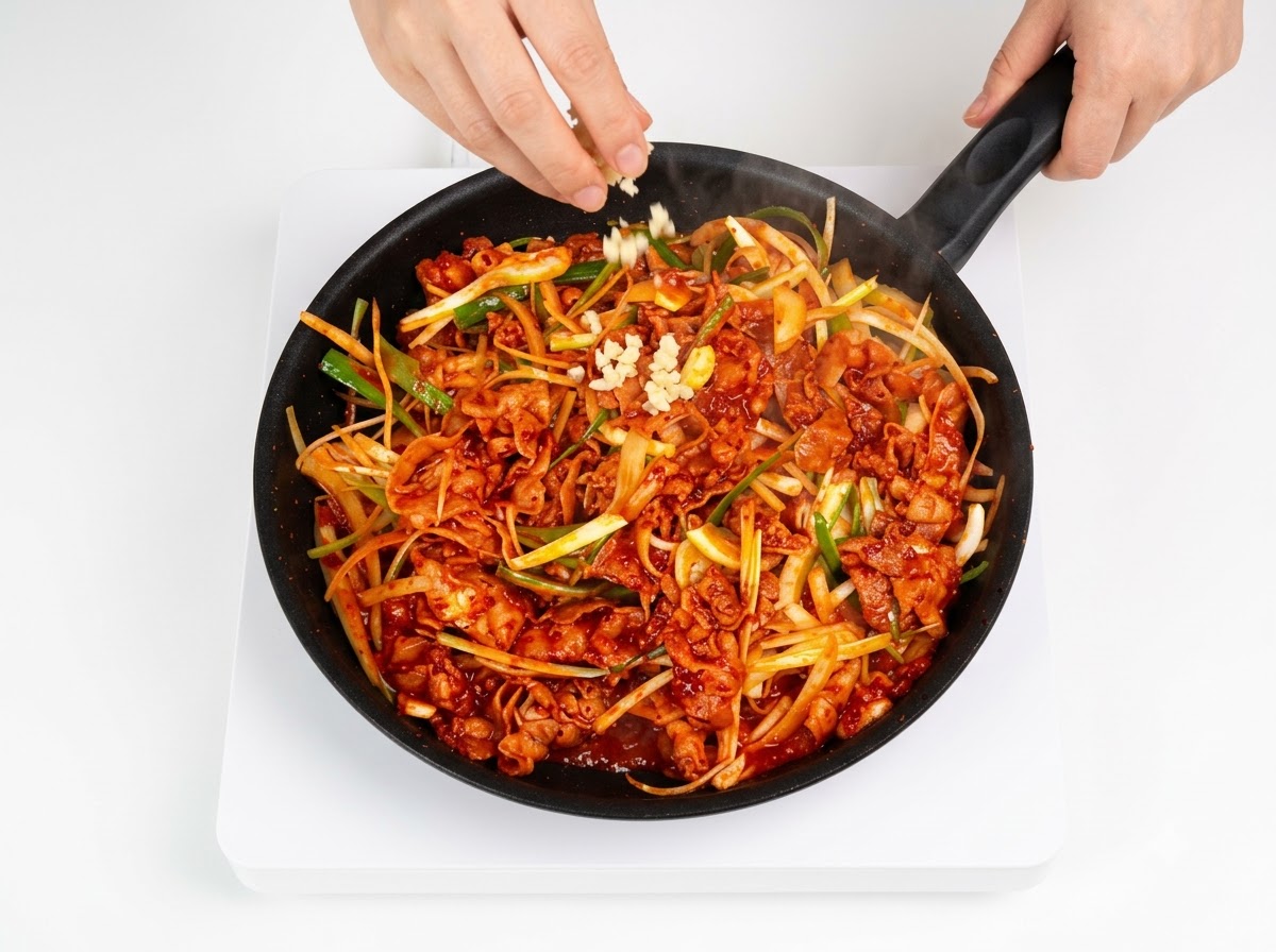 赤く色づいた出来立ての豚バラ肉炒めに、白いりごまを振りかけている様子。