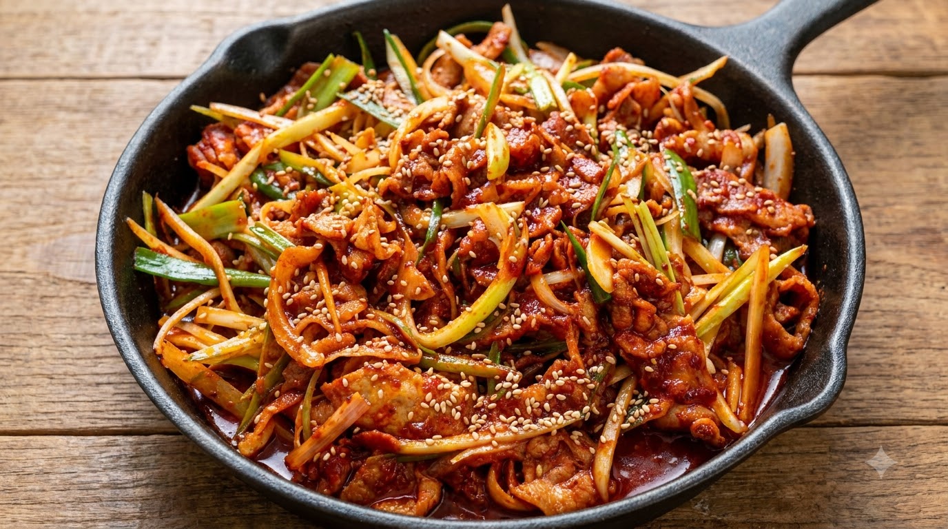 ねぎとごまをトッピングした、黒い鉄板に盛り付けられたスパイシーな豚バラ肉のコチュジャン炒め。