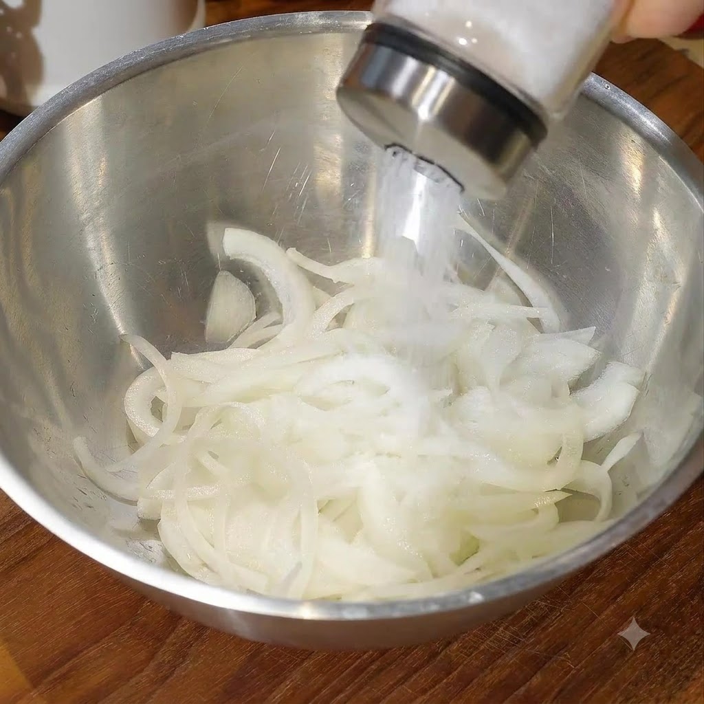 スライスした玉ねぎが入った金属製のボウルに砂糖と水が加えられ、手で揉み込まれている様子