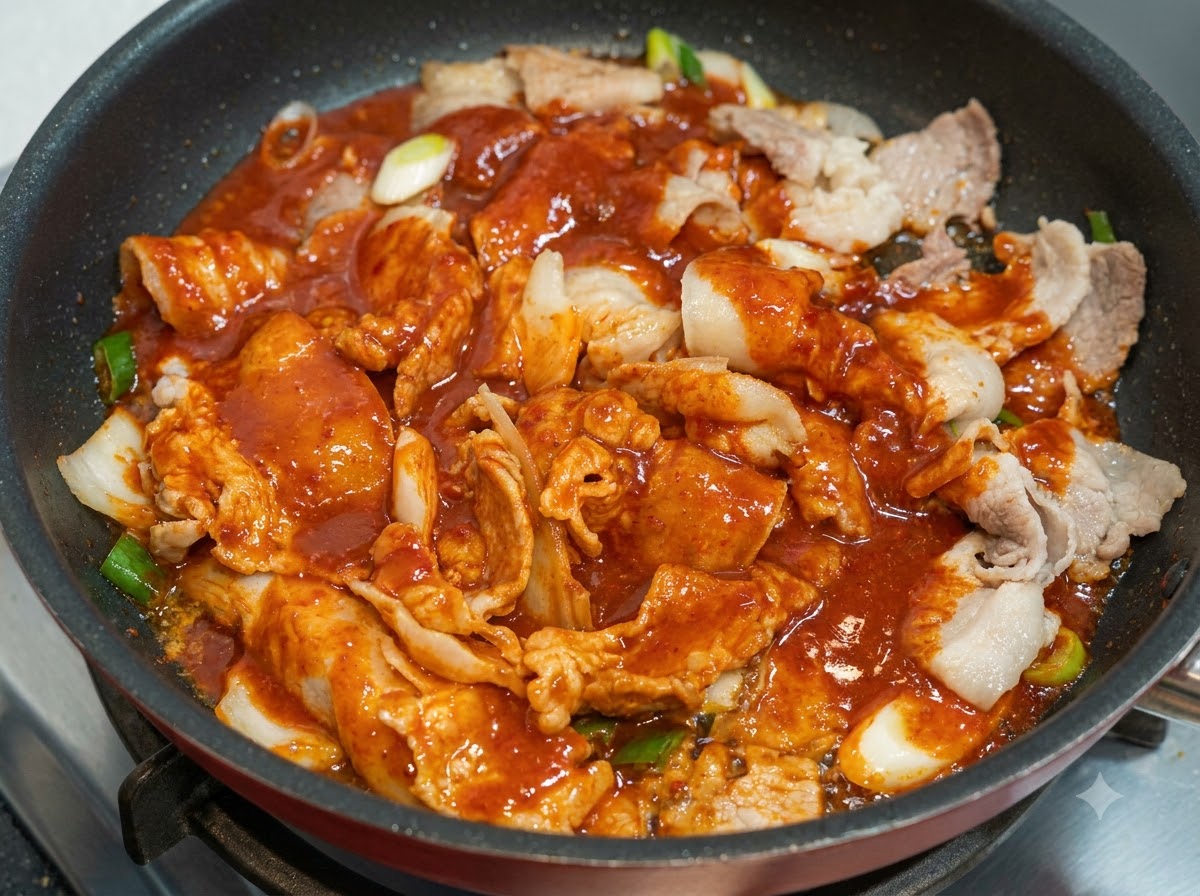 フライパンで炒められている豚肉と野菜の上に真っ赤なピリ辛のタレが注がれている様子