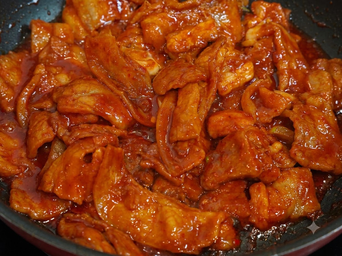 フライパンの中で調理されたピリ辛の豚肉の上に白い白ごまが振りかけられているクローズアップ