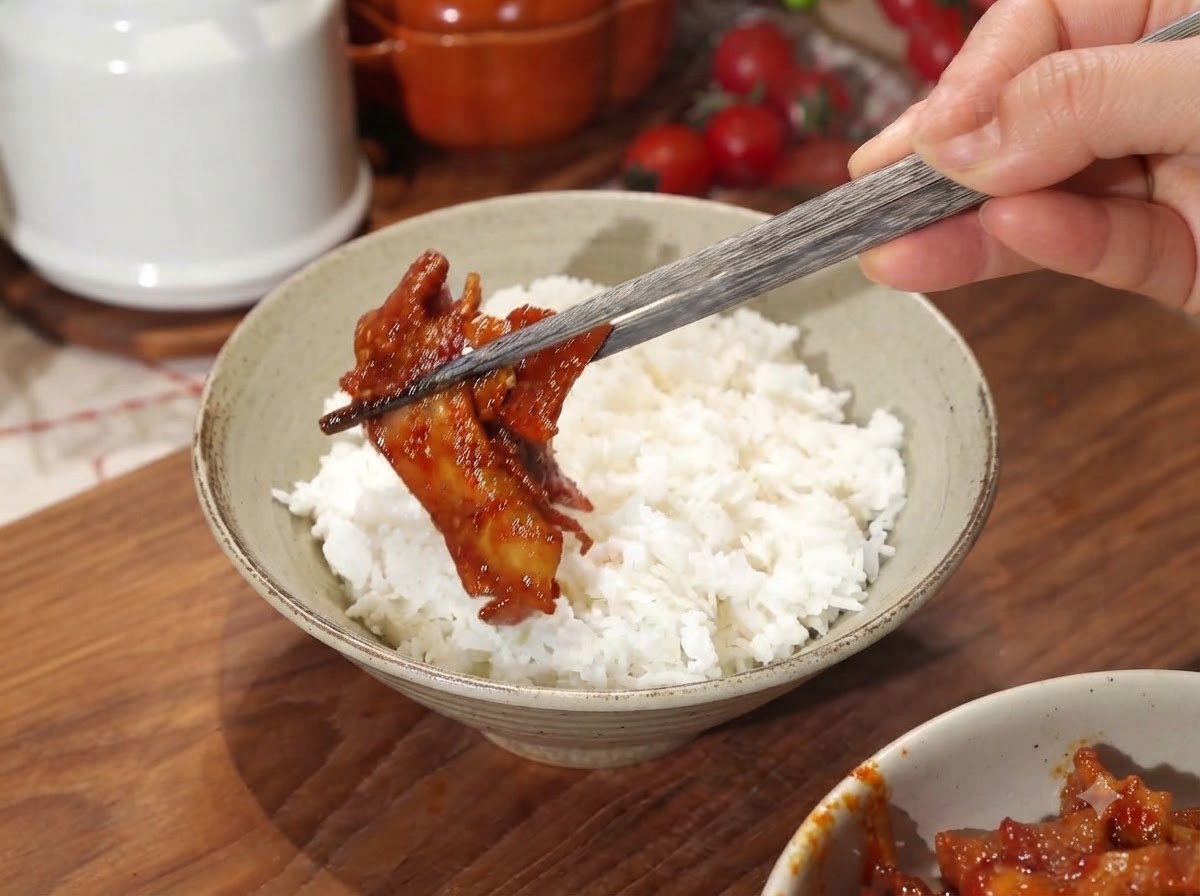 箸を持った手が、白ご飯が入った陶器のボウルにピリ辛のタレが絡んだ豚肉をきれいに盛り付けている様子