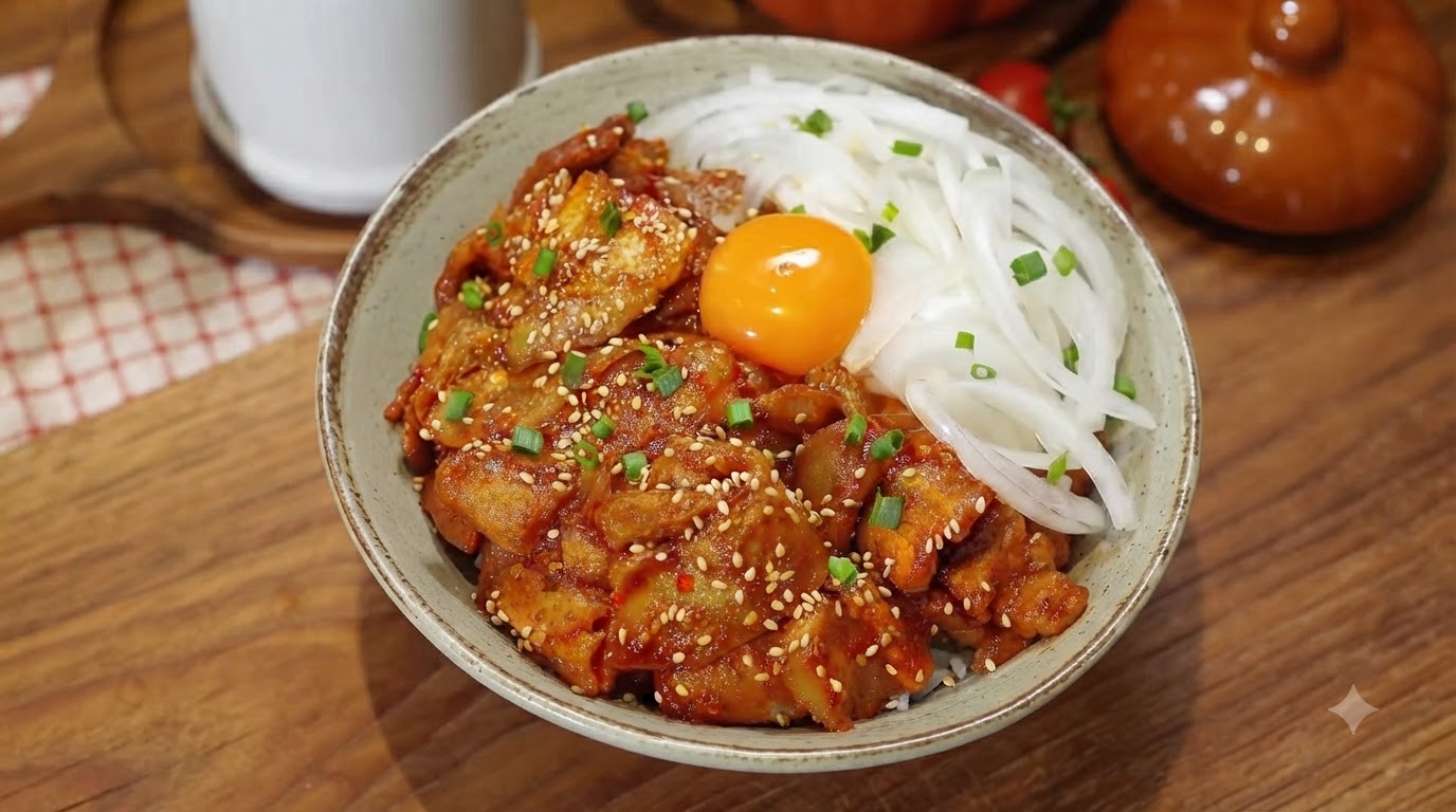 韓国風ピリ辛豚バラ丼 ジェユクチュプパプ