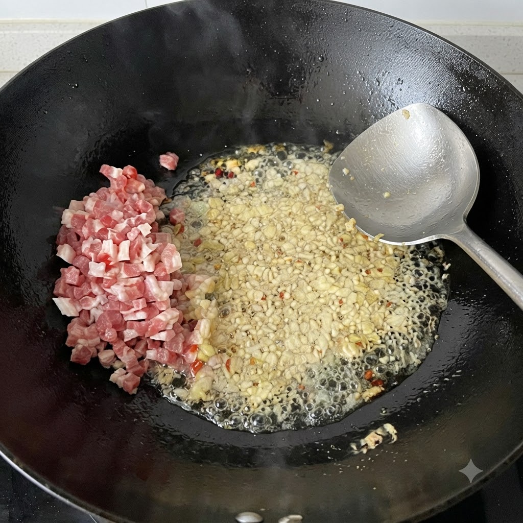 中華鍋で一口大の肉と香味野菜の混合物を炒めている様子。