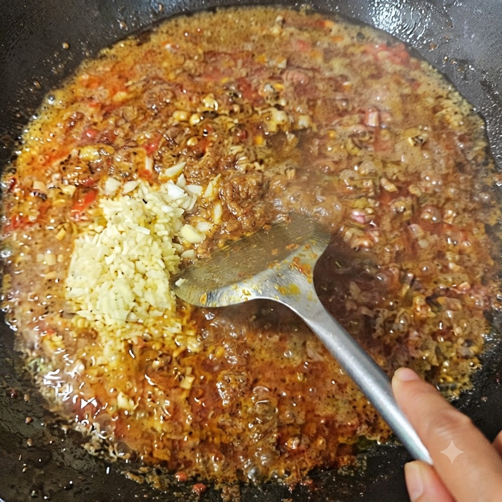 調理済みの肉と野菜の入った中華鍋に、色の濃い調味料やその他の香味料を混ぜ入れている様子。