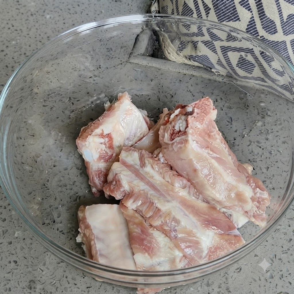 透明なボウルに入った生の豚肉に、ボトルからはちみつをかけている様子。