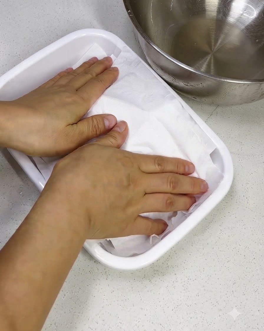 水に浸した生のスペアリブを、ペーパータオルでしっかりと拭き取る様子。