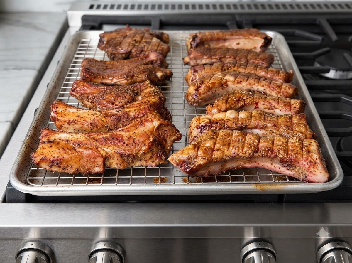 ワイヤーラックに並べた焼き上がり直前のポークリブの表面に、ハケを使ってブラウン色のグレイズをたっぷりと塗っている様子。