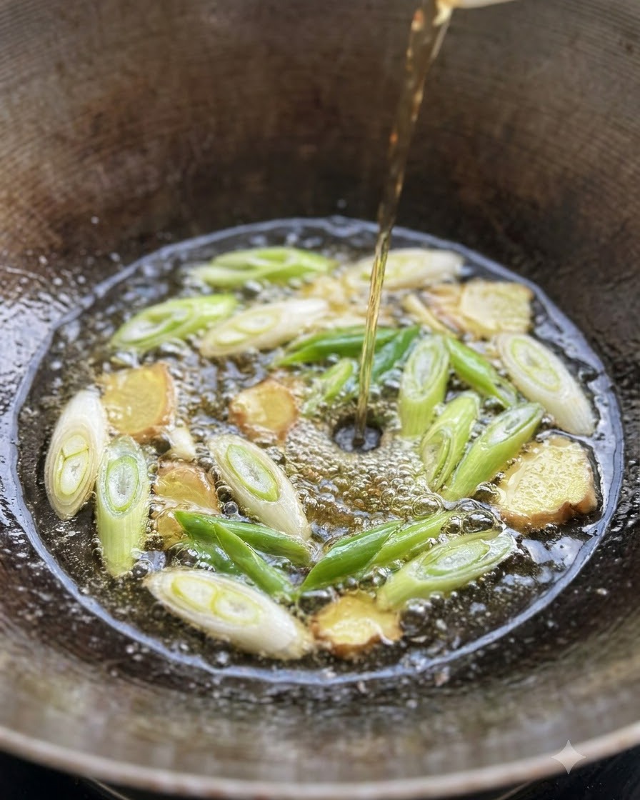 スライスした生姜と青ネギを入れた中華鍋の中で茹でられる豚スペアリブ。