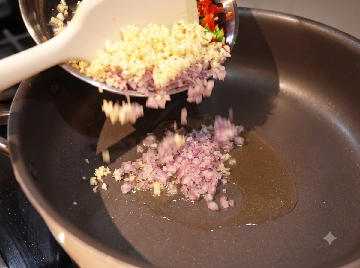 油を引いたフライパンに投入される、みじん切りの玉ねぎ、ニンニク、唐辛子。