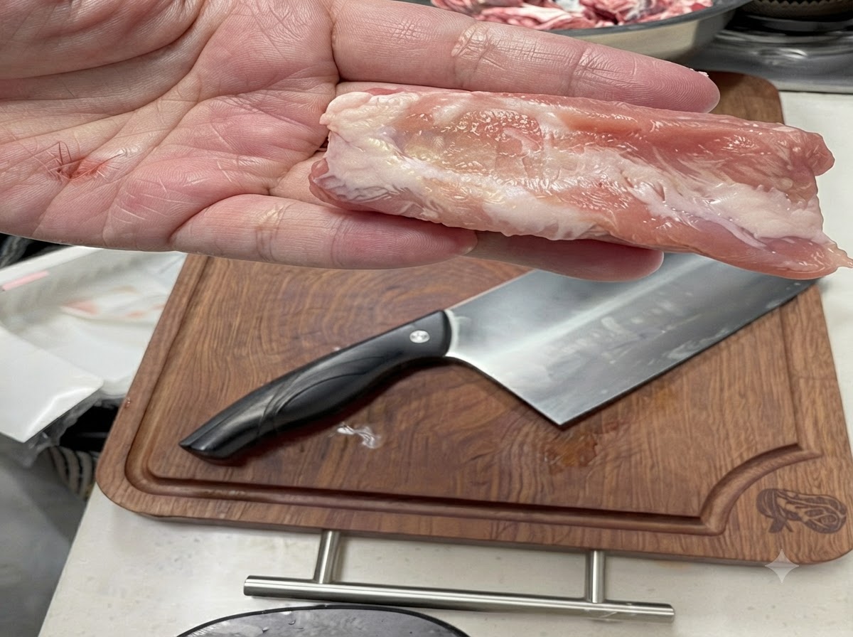 木のまな板の上で、包丁を持って生のリブ肉を切り分けているクローズアップ画像。