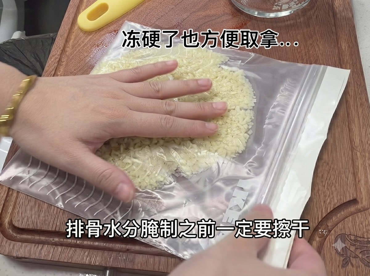木製のまな板の上で、パックに入った食材の上にペーパータオルを当てて押さえている手の様子。