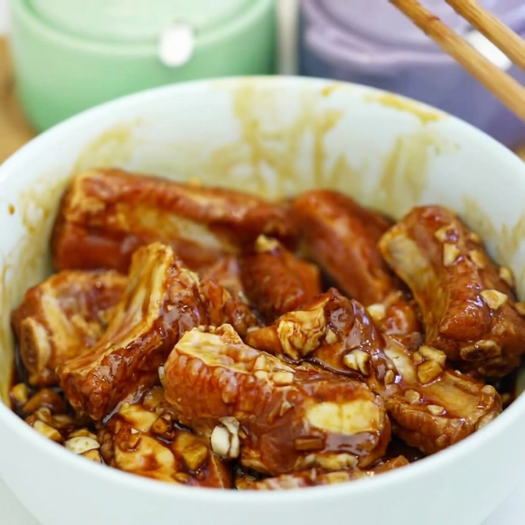 塩、砂糖、そして表面をコーティングする片栗粉が加えられたボウルの中の味付け済みポークリブ。