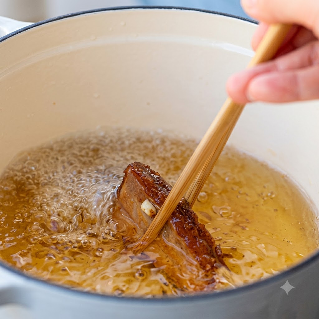 中華鍋の熱い油の中で、木製の菜箸でかき混ぜられながら揚げられているポークリブ。