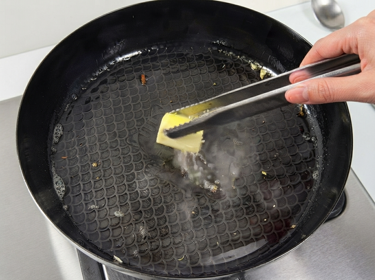 油が溶けた熱いフライパンに、金属製のトングでバターの塊を入れている様子。