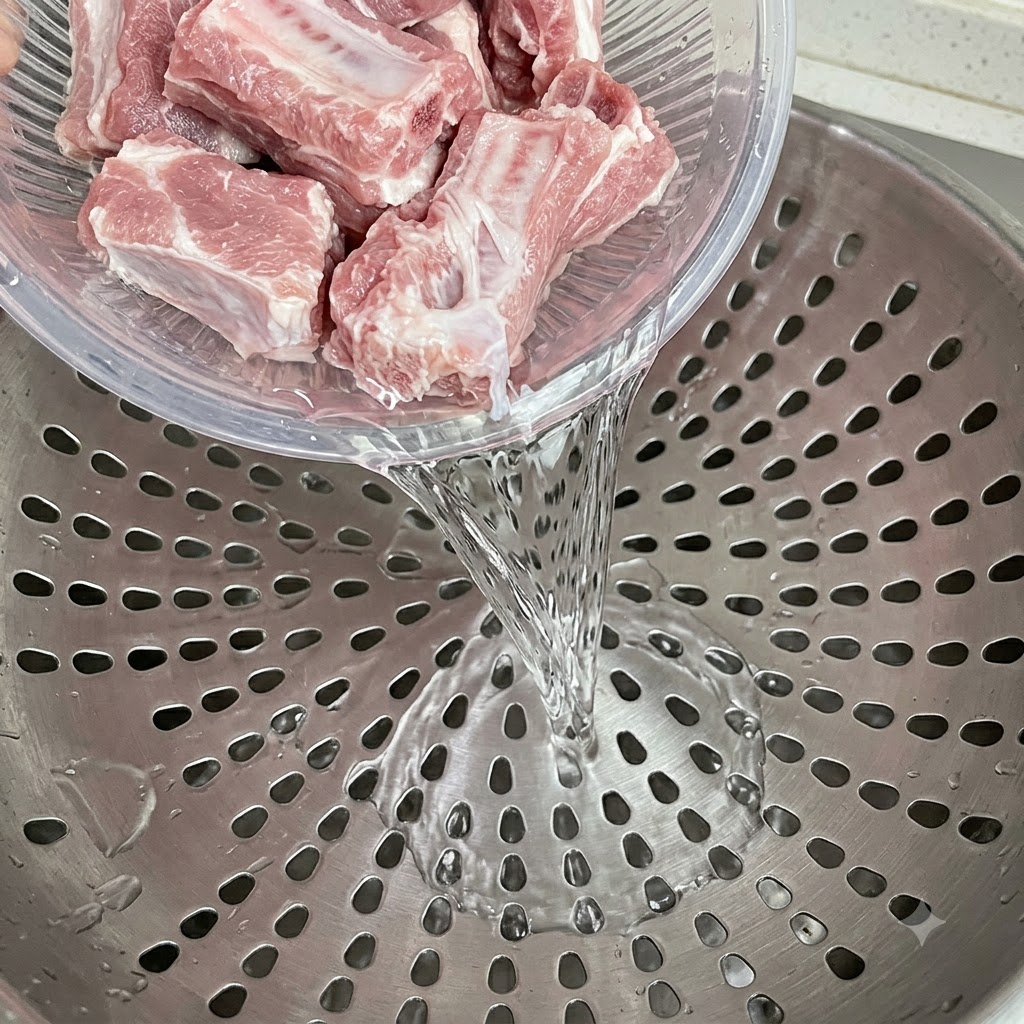 洗って白くなった豚肉をザルに上げて水気を切っている様子。