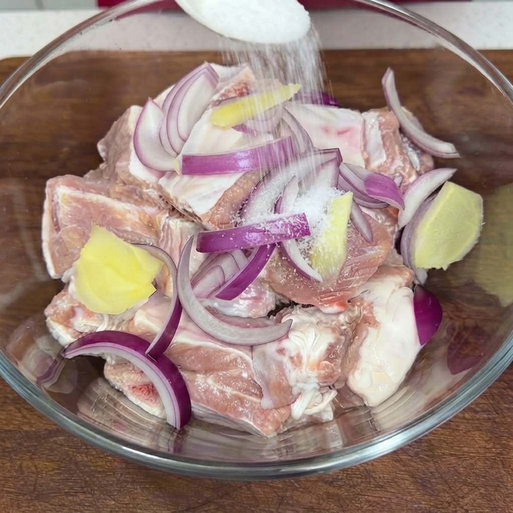 ガラスボウルに入った豚肉と赤玉ねぎの上から白い塩を振りかけている様子。