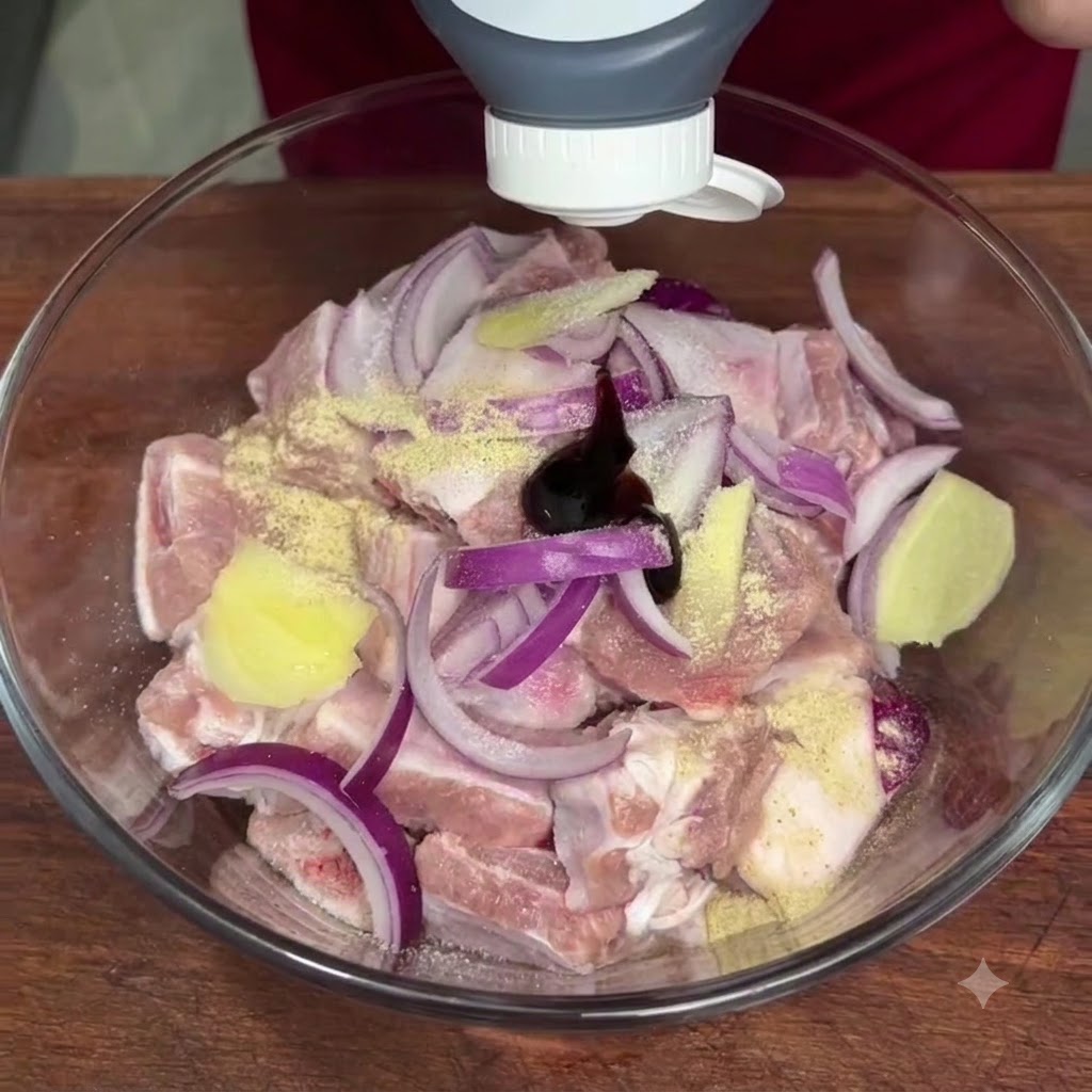 オイスターソースを味付けした豚肉のボウルの中央に絞り出している様子。