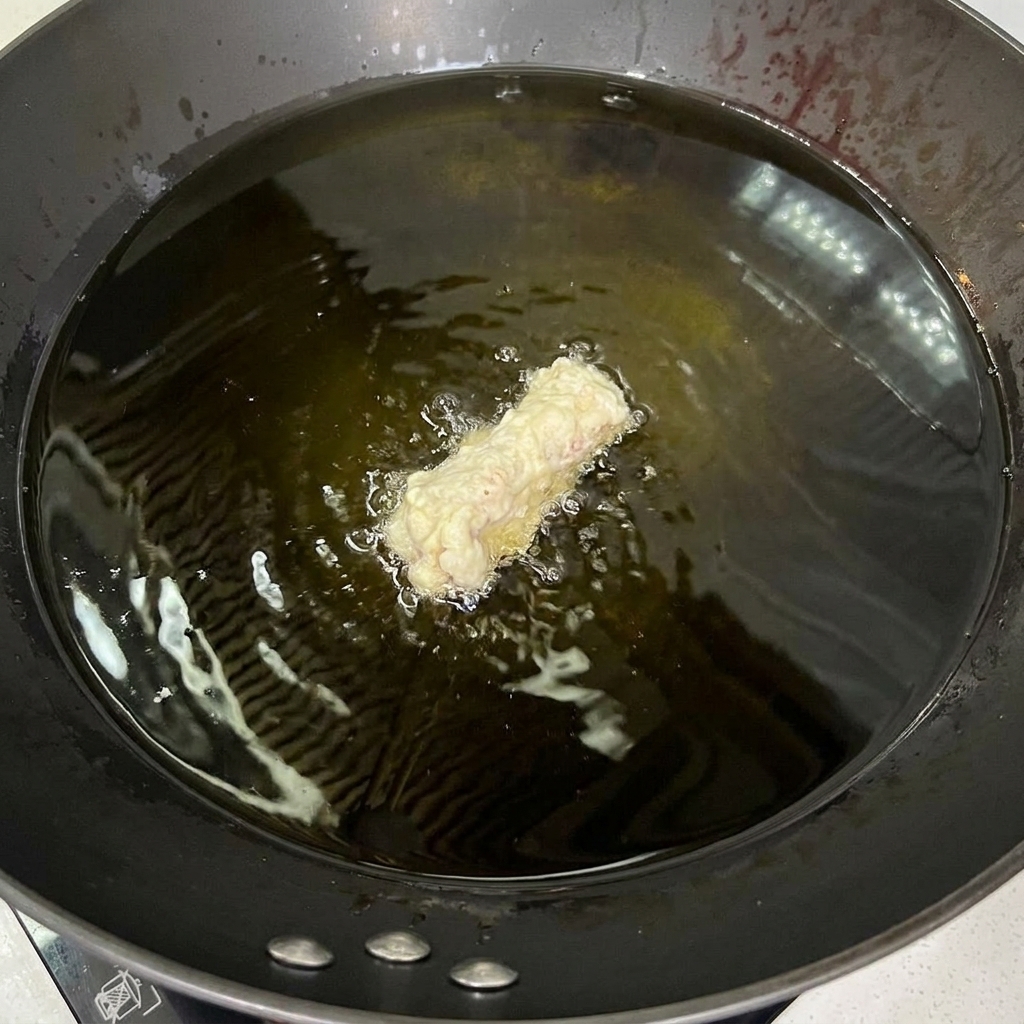 衣のついた豚肉が一つ、熱い油の入った黒い中華鍋に落とされている様子。