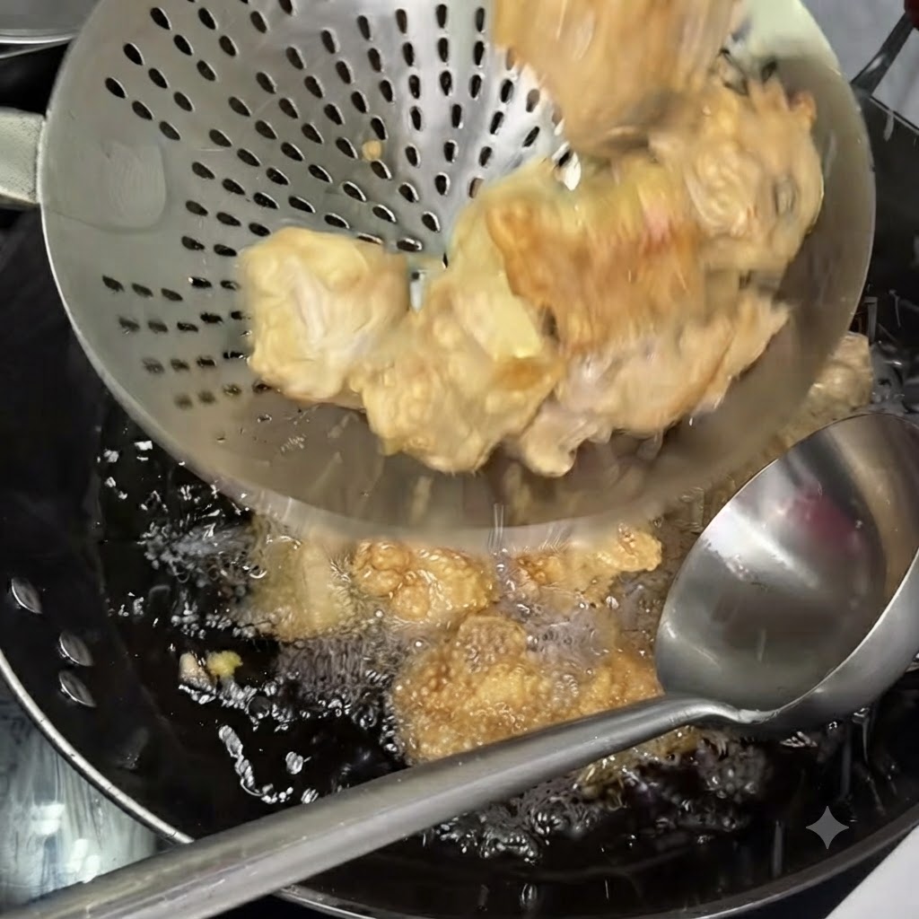 穴あきお玉で油から少し揚がった豚肉を持ち上げている様子。