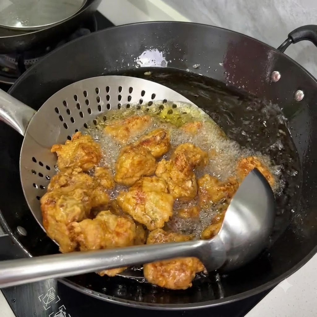 穴あきお玉で、黄金色に揚がった豚肉を泡立つ油からすくい上げている様子。
