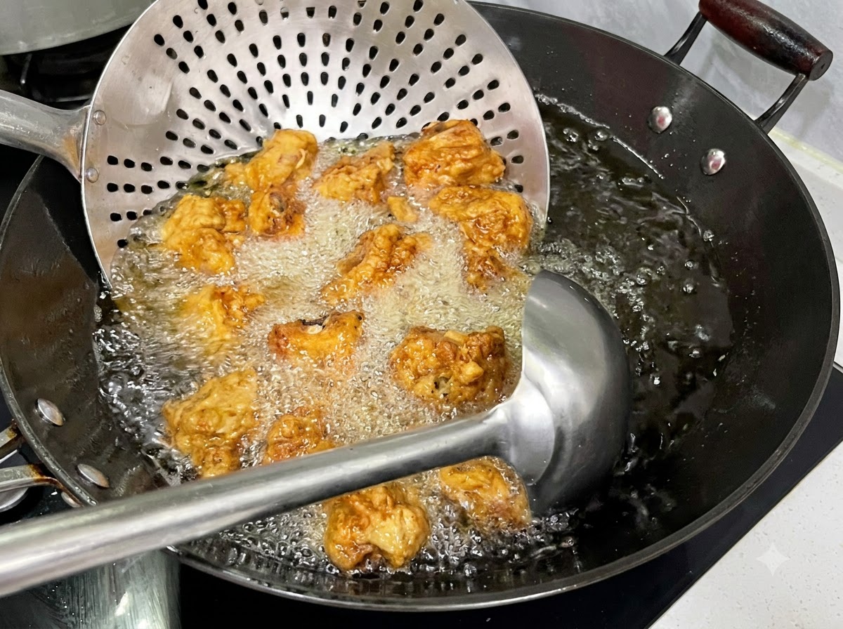 穴あきお玉に乗せた揚げたての豚肉を、激しく泡立つ高温の油に戻している様子。