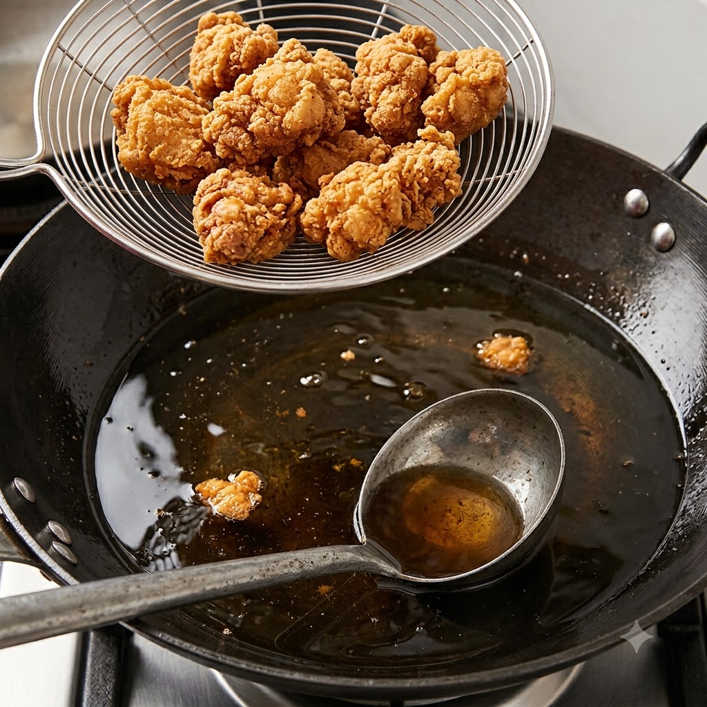 網じゃくしを使って、こんがりと揚がったクリスピーな豚肉を中華鍋から引き上げている様子。