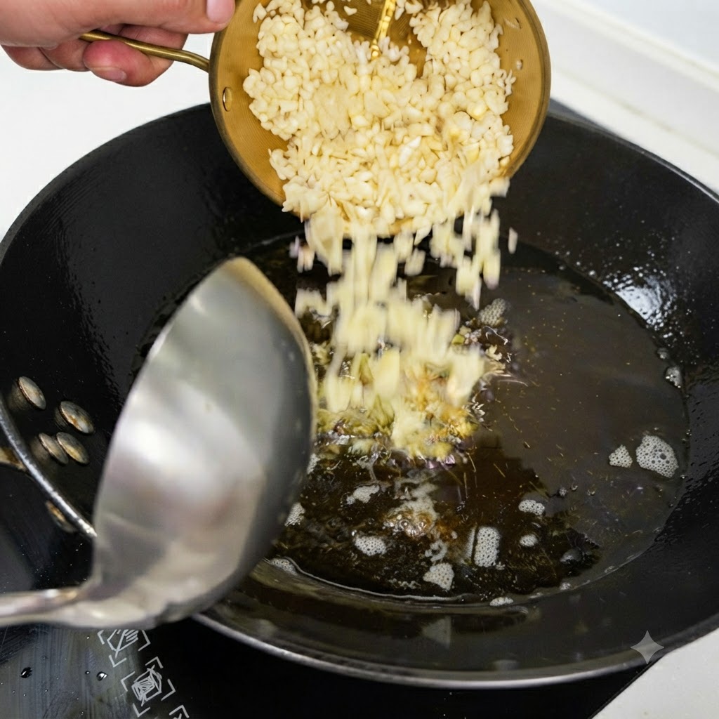小さな真鍮製のストレーナーから刻んだにんにくを熱い油の入った中華鍋に入れている様子。