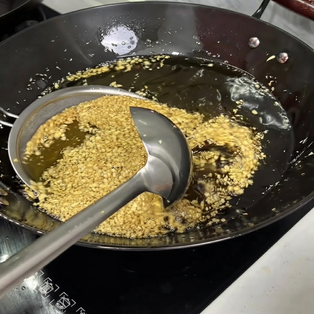 細かいメッシュのストレーナーで、熱い油の入った中華鍋から黄金色の揚げにんにくをすくっている様子。