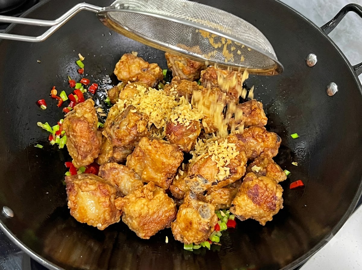 メッシュストレーナーから揚げたにんにくが中華鍋の中の豚肉に振りかけられている様子。