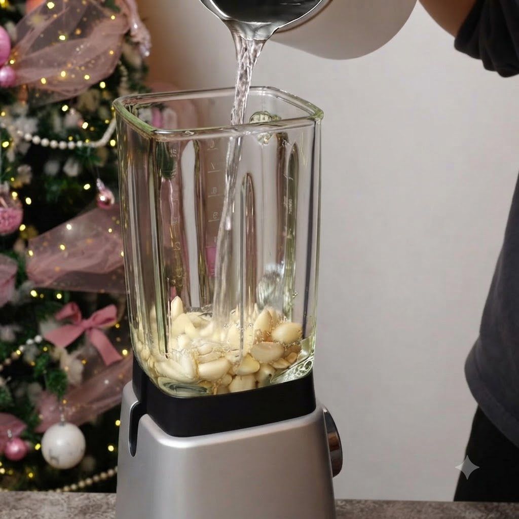 皮をむいたにんにくのクローブがブレンダーのガラス容器に入れられ、ピッチャーから水が注がれているところ。
