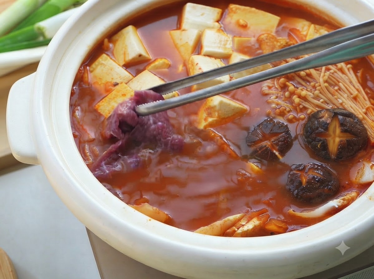 箸を使って、ぐつぐつ煮立つ赤いチゲの鍋に下味をつけた牛肉の細切れを入れている様子。