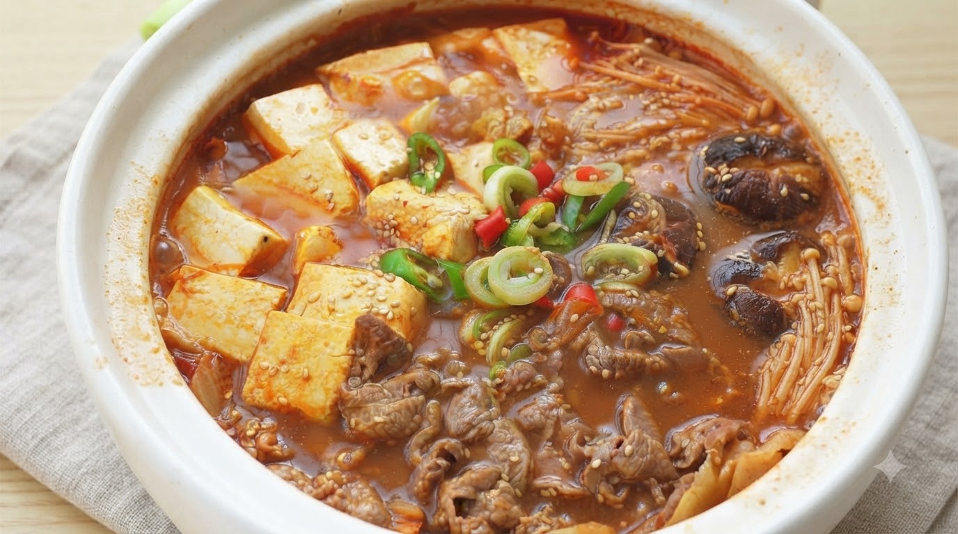 柔らかな牛肉、絹ごし豆腐のキューブ、キノコ、そして鮮やかな赤いピリ辛スープがたっぷり入った、ぐつぐつと煮える韓国風牛肉豆腐チゲの鍋。
