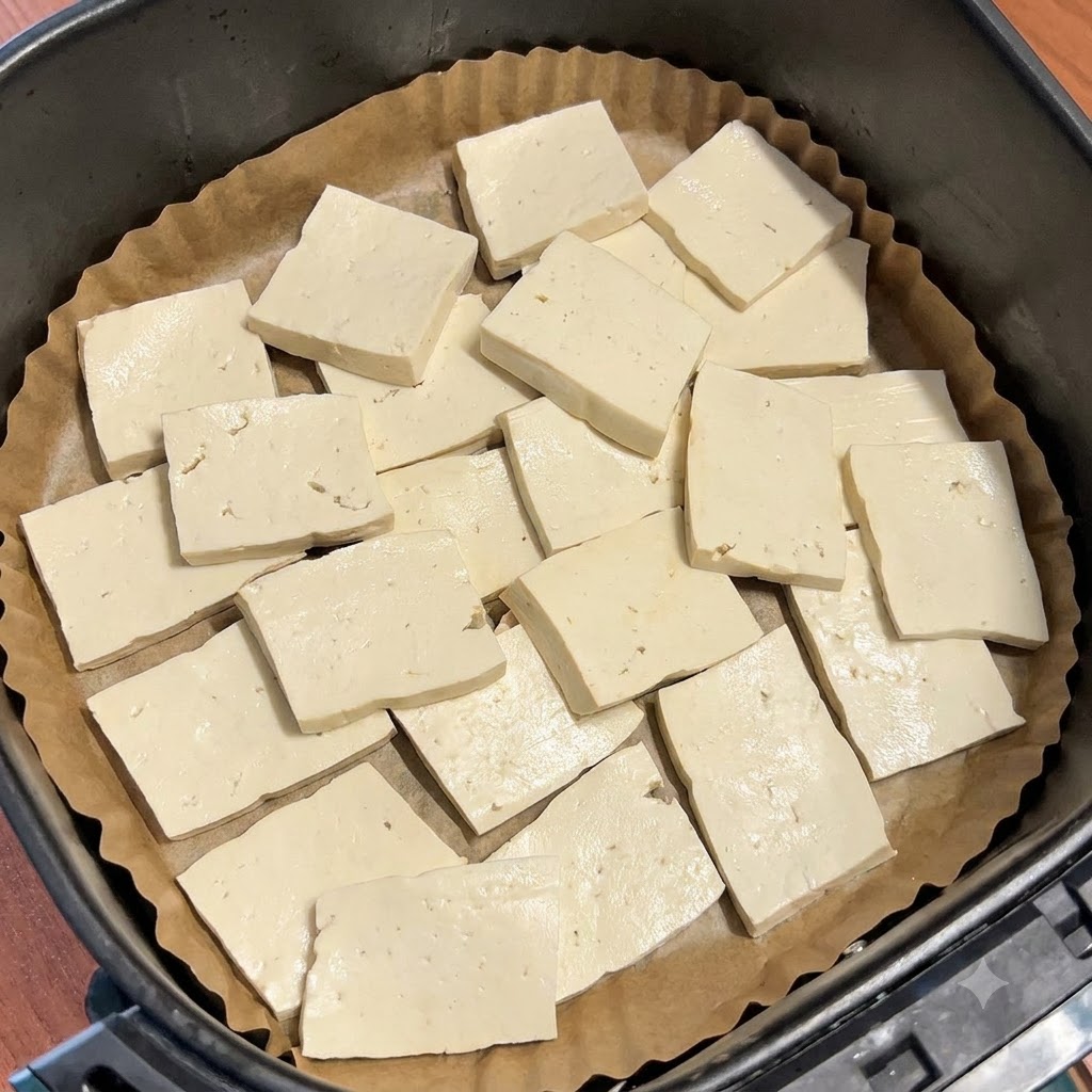 エアフライヤーのバスケット内のクッキングシートの上に、生のスライスした木綿豆腐が平らに並べられている様子。