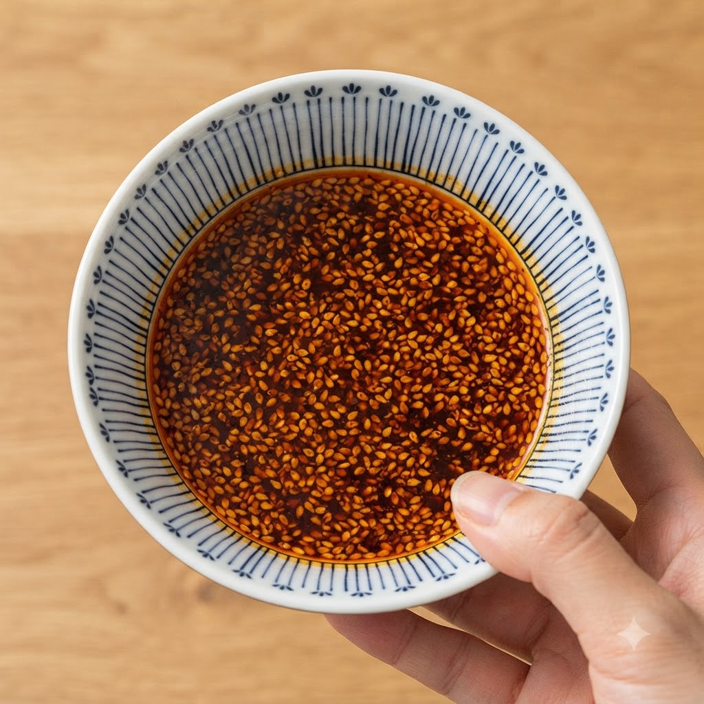 白いごまが混ざった濃い赤色のタレが入った小さな模様入りのボウルを手に持っている様子。