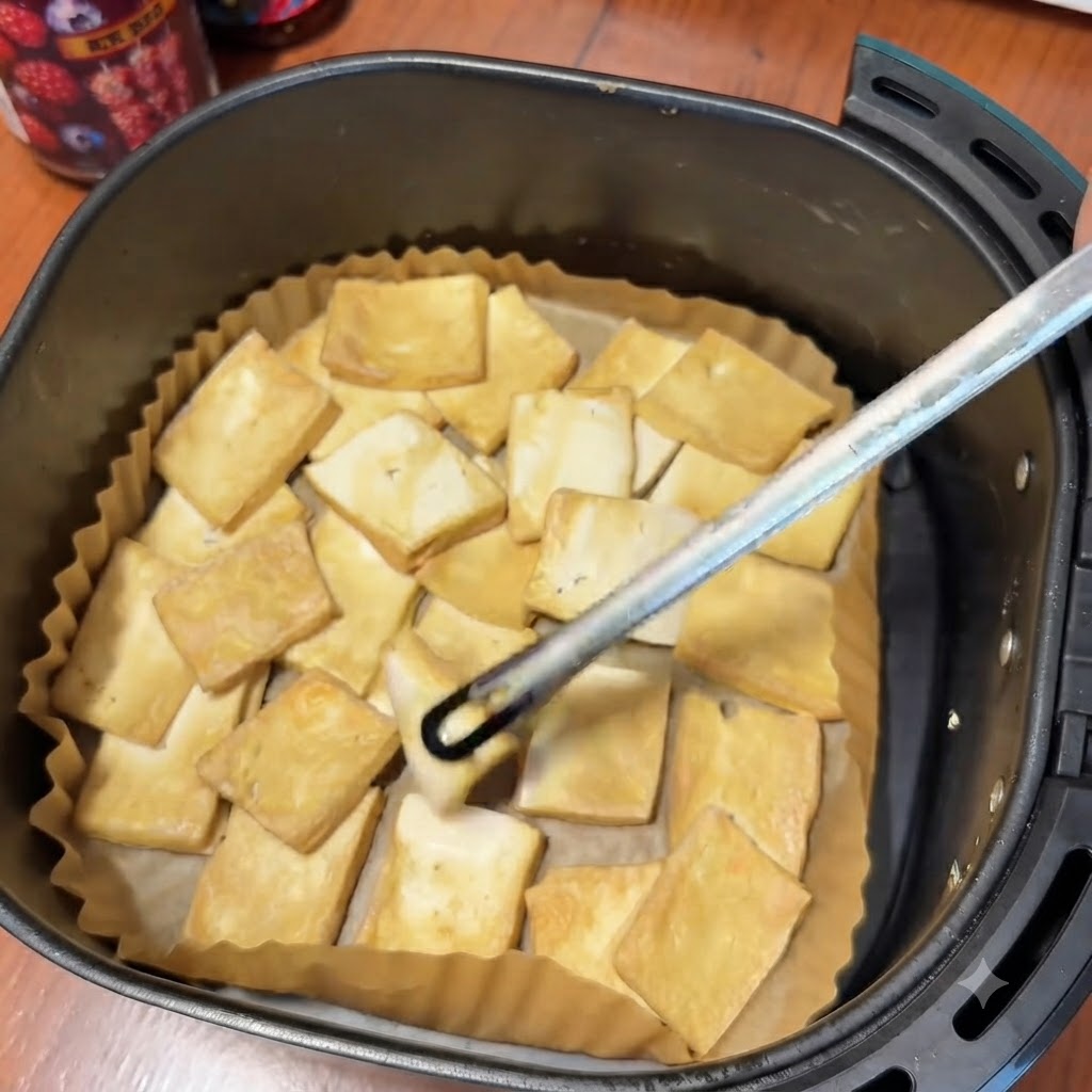 エアフライヤーのバスケット内のクッキングシート上で、軽くきつね色に焼けた豆腐のスライスを金属製のトングで裏返している様子。