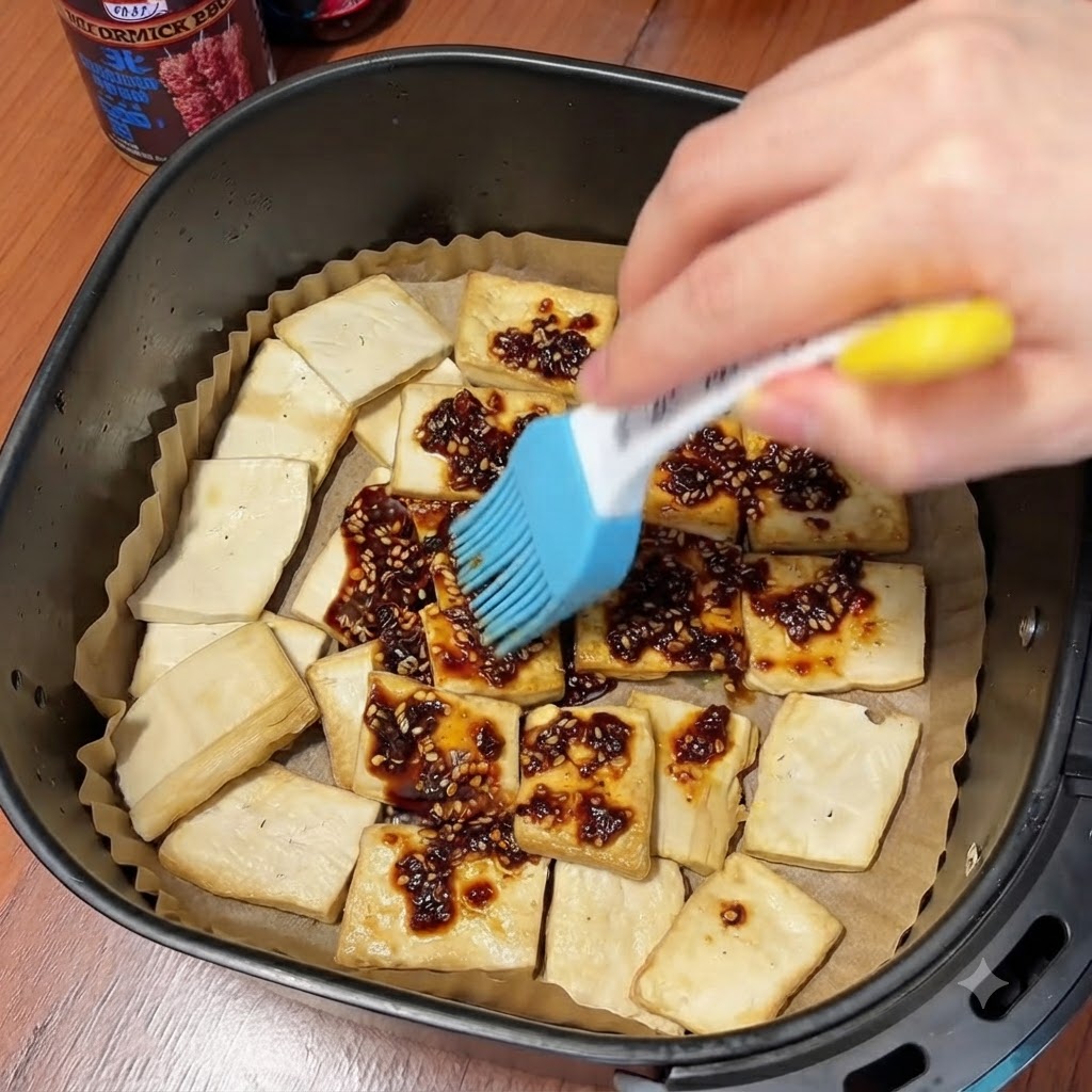 エアフライヤー内で裏返した豆腐のスライスの上に、青いシリコンブラシを使って濃い赤色のチリごまダレを塗り広げている手元。