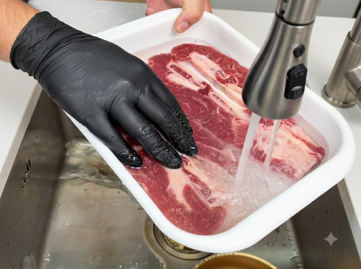 蛇口から流れる水の音のもと、白い容器に入れられた水に生の状態の骨付きショートリブが浸されている様子。