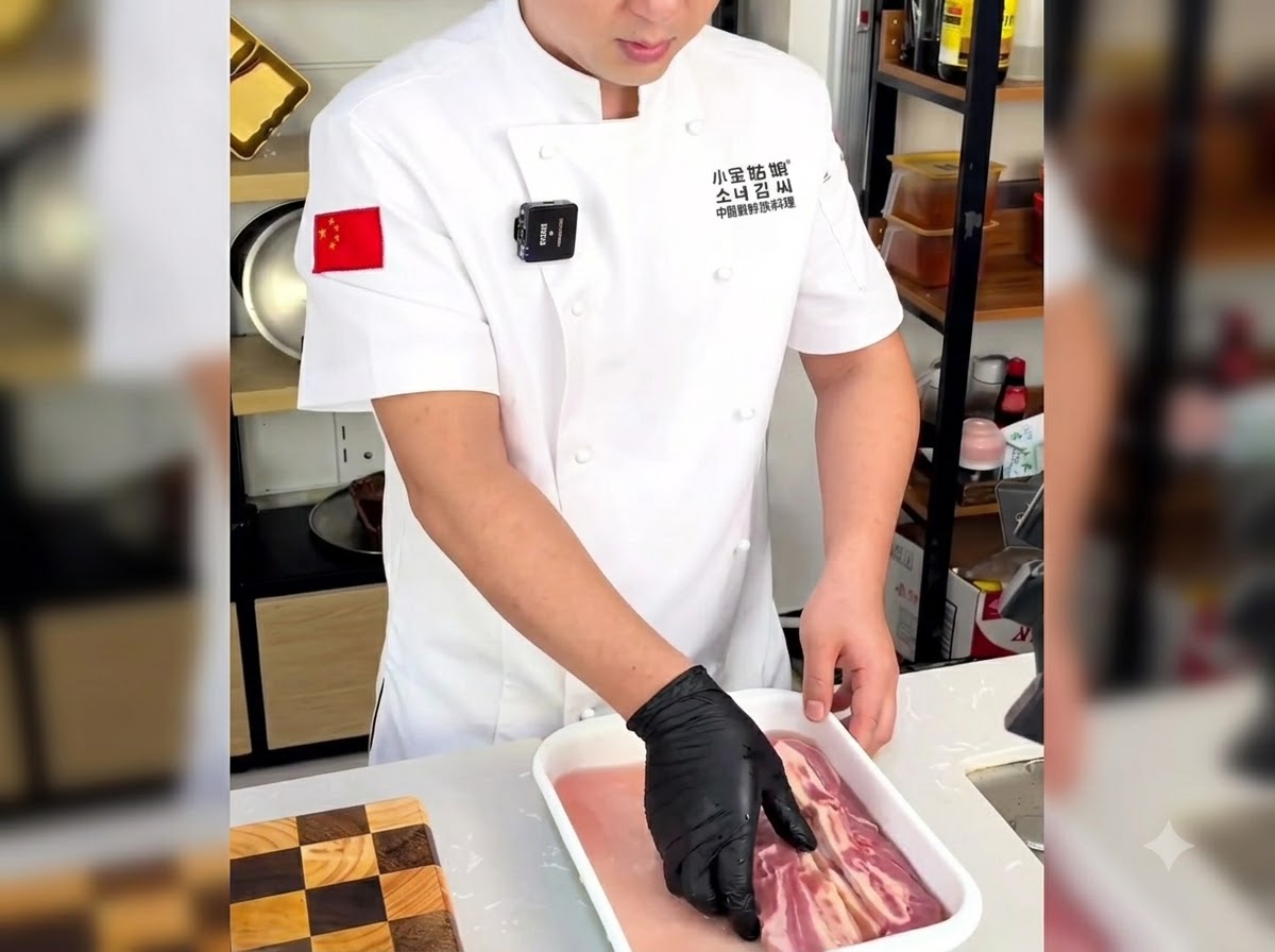 トレーに入った水の中で、手袋をつけた手が骨付きショートリブに付着した血を丁寧に洗い流している様子。