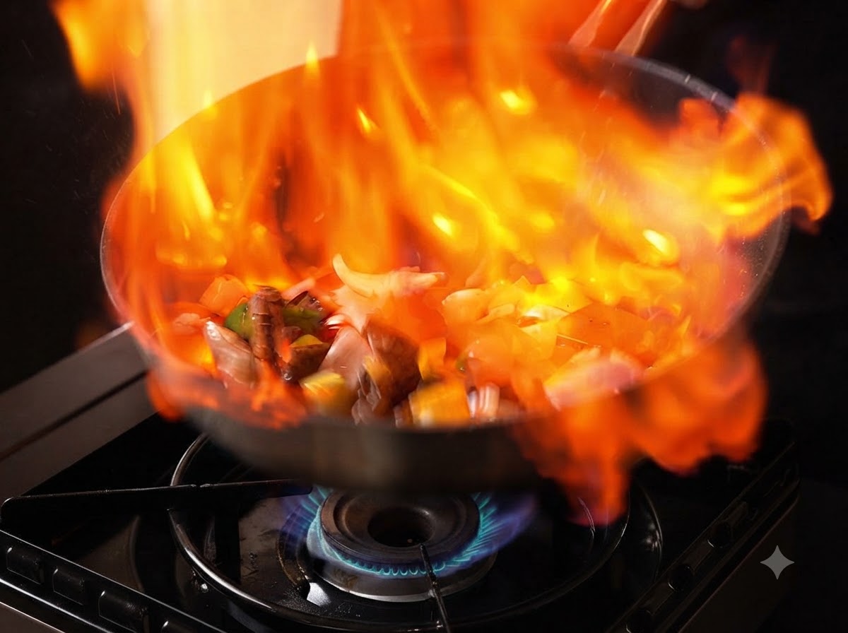在進行 flambé 烹調過程時,巨大的火焰吞沒了裝有牛肉和蔬菜的平底鍋。