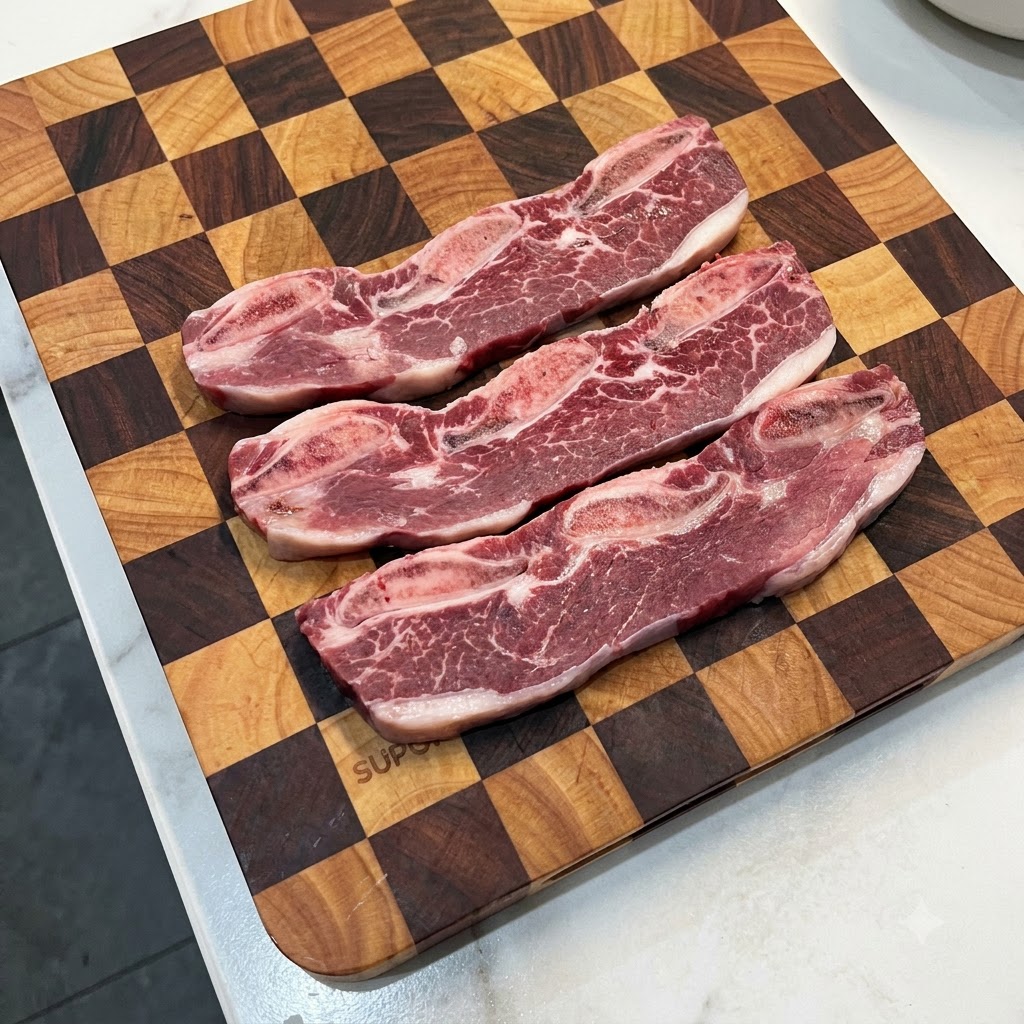 木のまな板の上にきれいに並べられた生の牛カルビ。