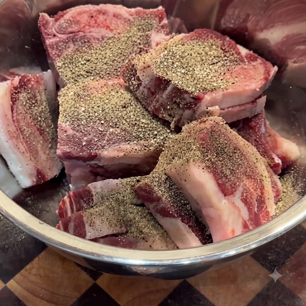 ボウルに入った生の牛肉にたっぷりの黒胡椒がまぶされている様子。